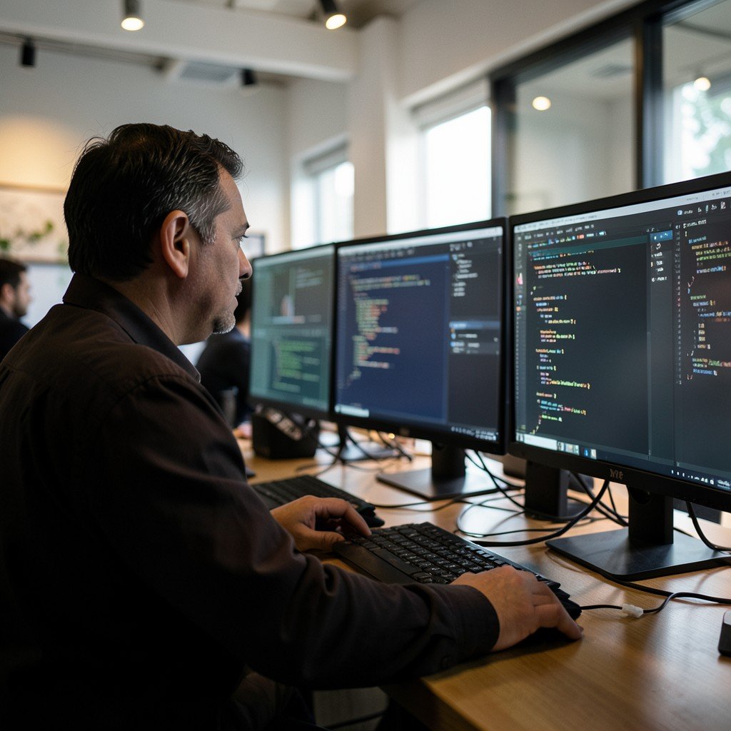 A developer looking thoughtfully at multiple monitors with code editors in a modern office, soft ambient lighting, focused atmosphere, no text on screens, lifestyle photography, 4:3