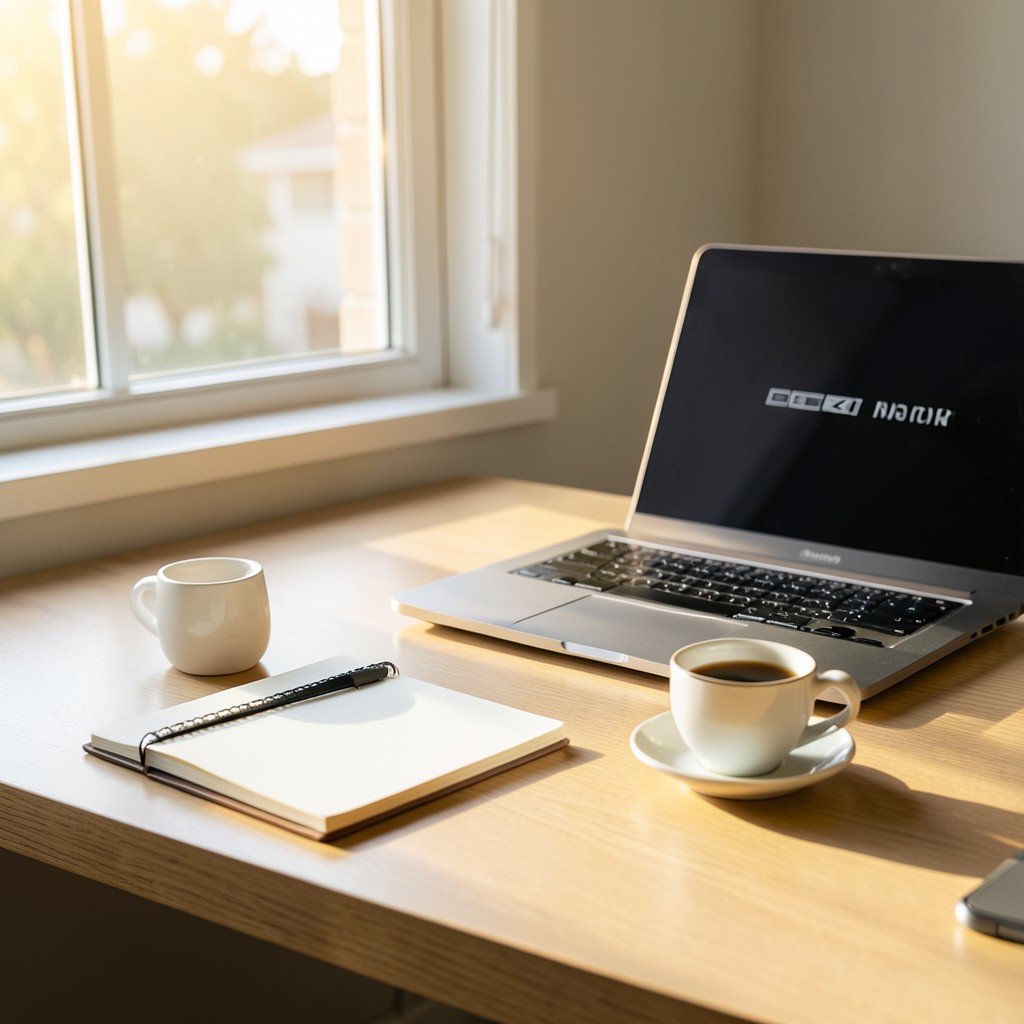 A clean modern desk with a notebook and a cup of coffee beside a laptop, warm sunlight coming from the window, calm and organized mood, lifestyle photography, 4:3
