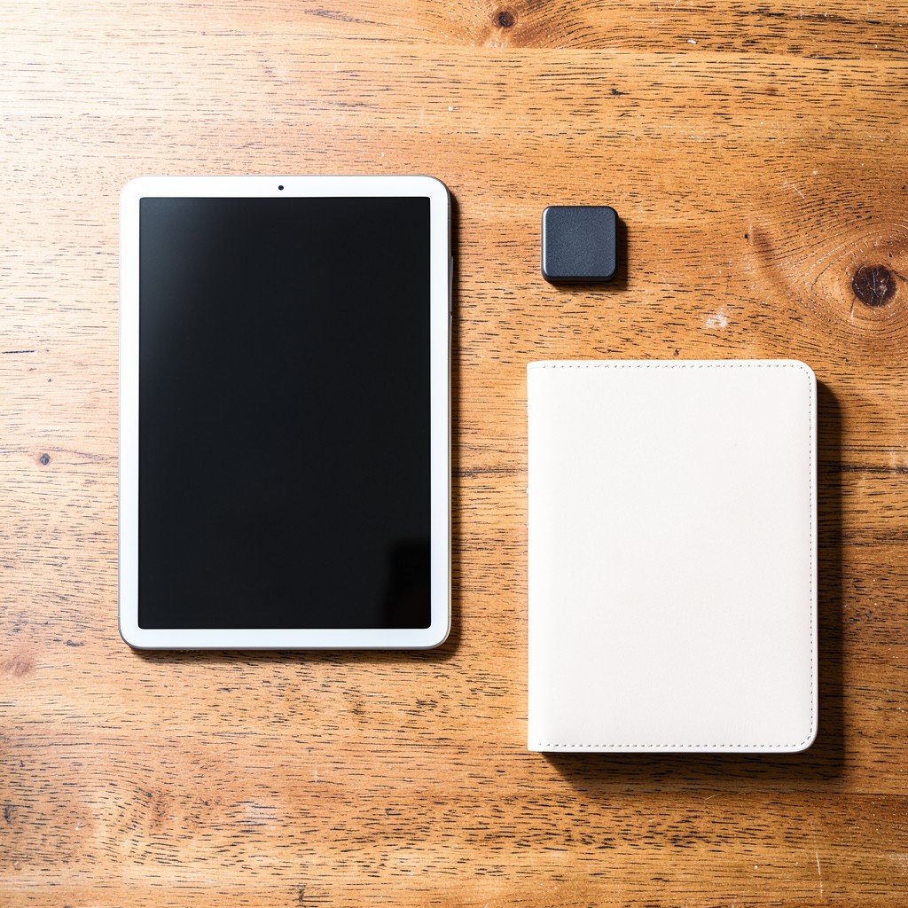 Minimalist flat lay of tech gadgets including a tablet, smartphone, and notebook on a textured wooden table, neat and organized, bright natural light, lifestyle photography, 1:1