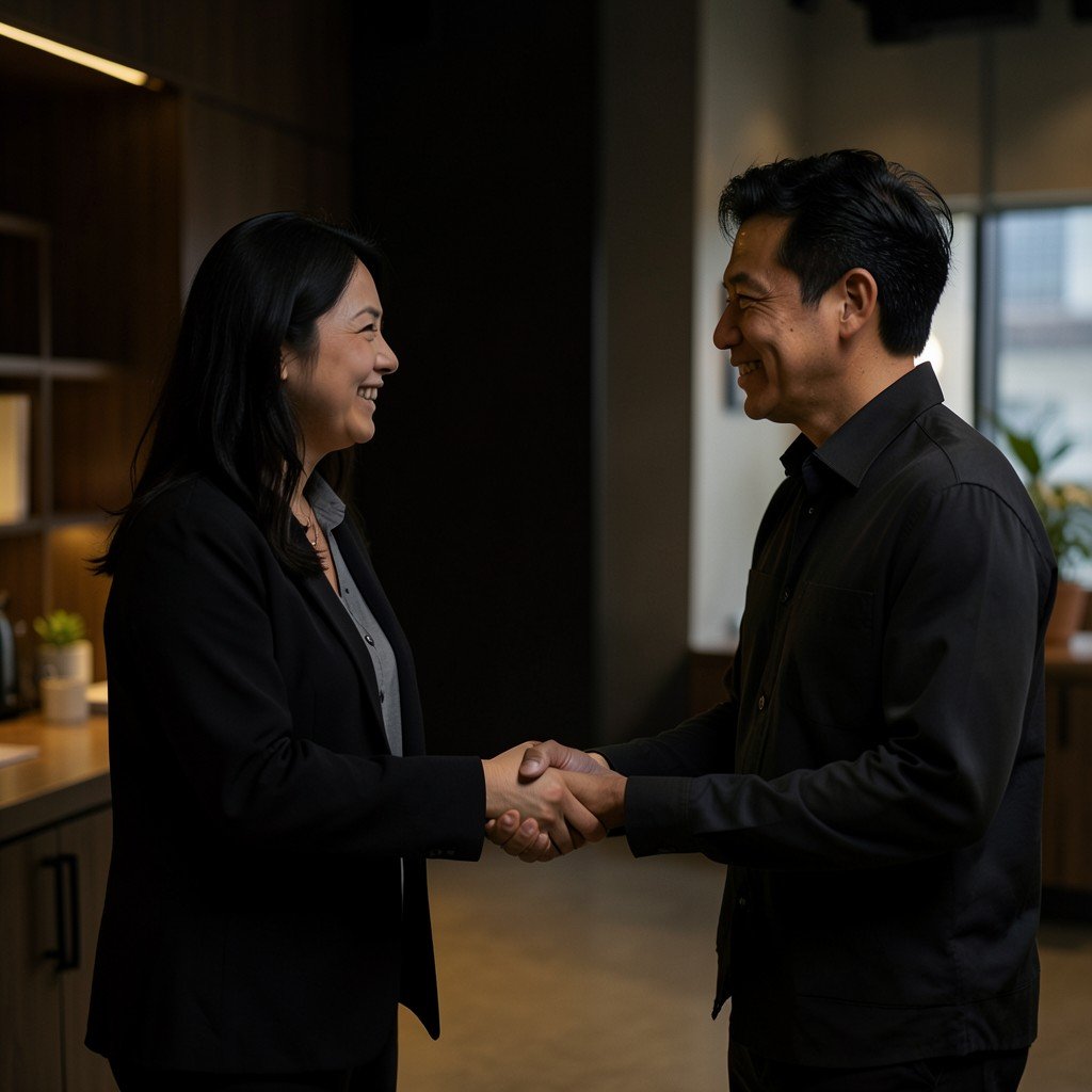 Two people shaking hands without any documents. Dark warm lighting, modern setting. NO KOREAN Text. 1:1