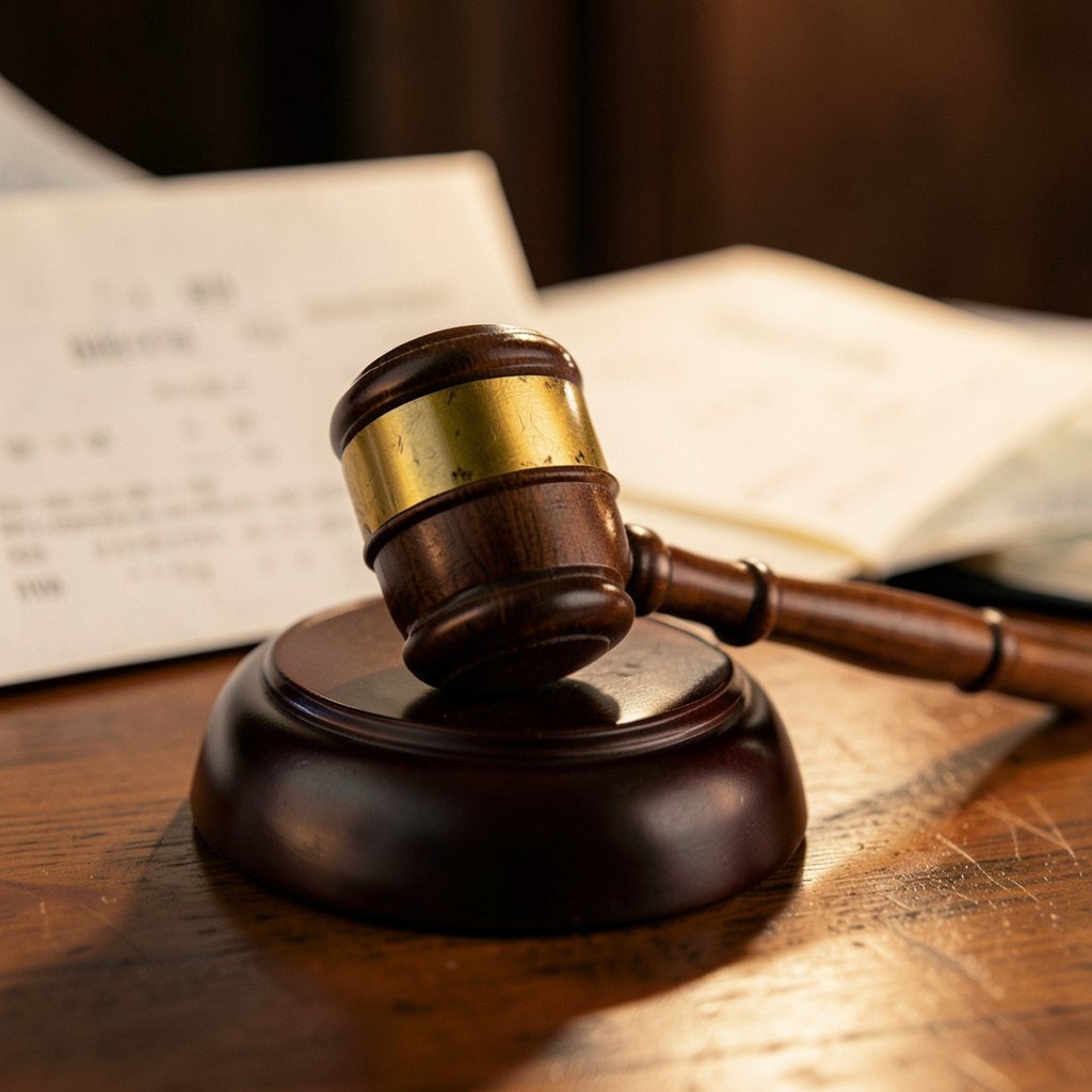 A judge gavel resting on a wooden desk with blurred legal documents in the background. Warm lighting, serious tone. NO KOREAN Text. 1:1