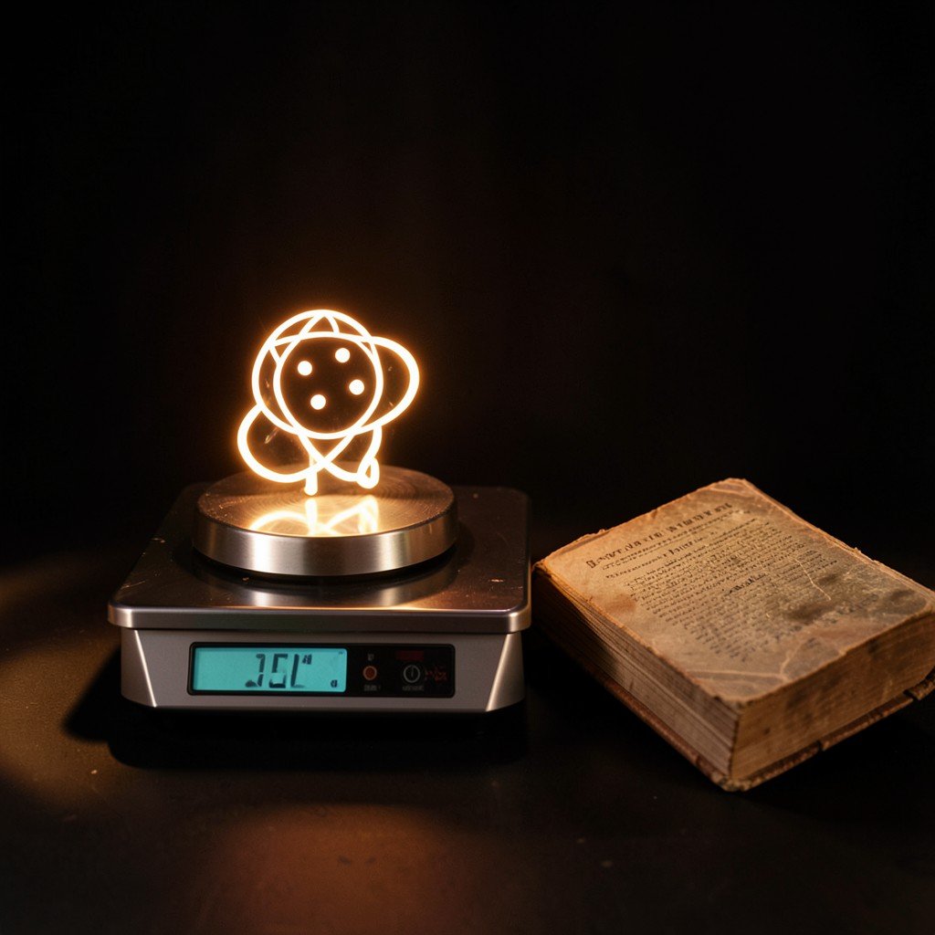 A digital scale weighing a glowing AI symbol on one side and a dusty law book on the other. Dark background, warm lighting. NO KOREAN Text. 1:1