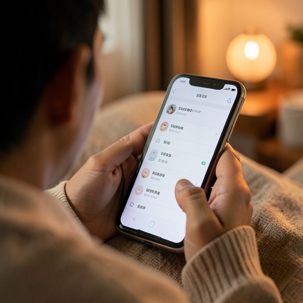 A person carefully reviewing app permission settings on a smartphone screen. Cozy warm lighting, lifestyle photography. NO KOREAN Text. 1:1
