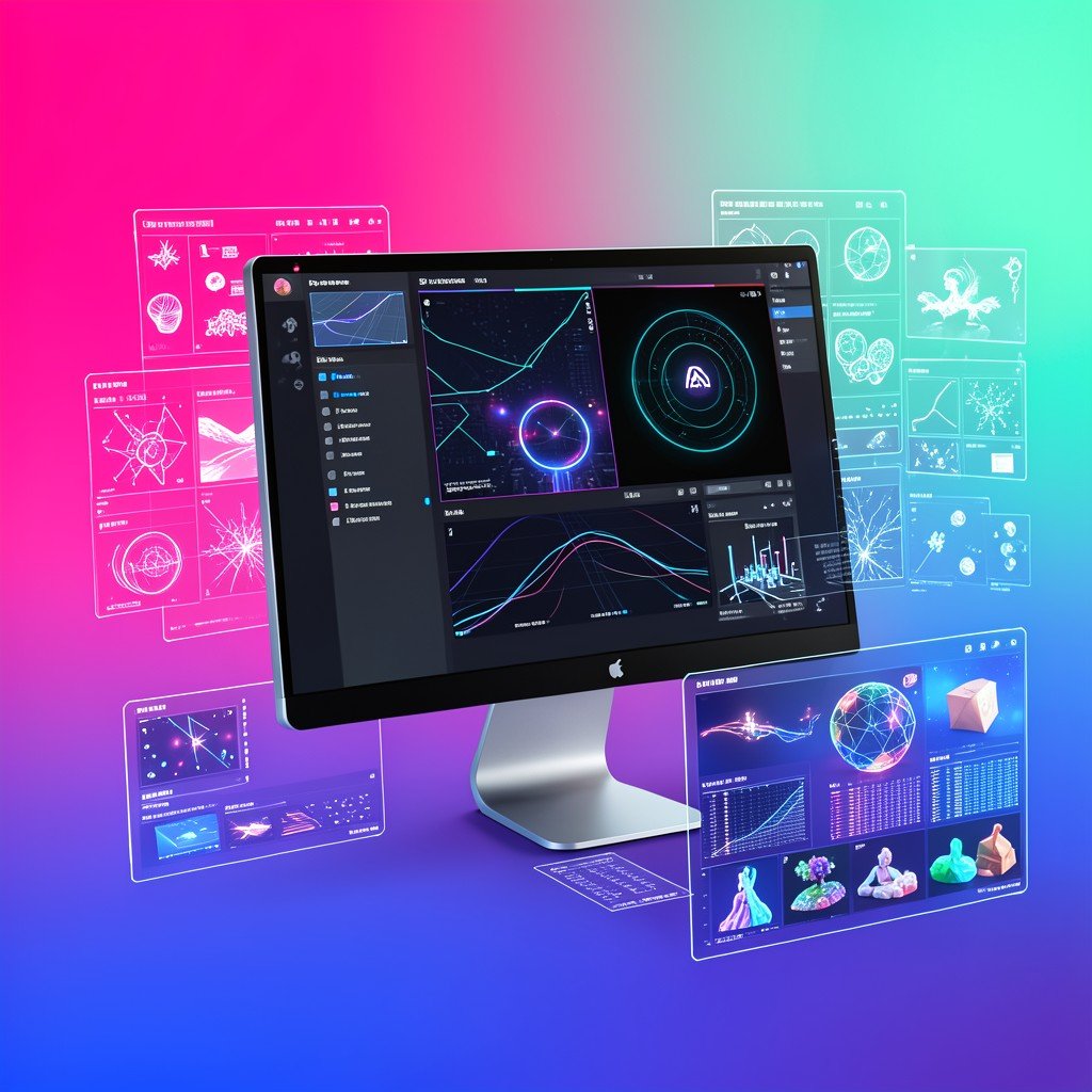 A futuristic digital rendering of an AI-powered image generation interface displayed on a modern desktop screen, surrounded by holographic UI elements and creative digital art tools, vibrant gradient background, no korean text, 1:1