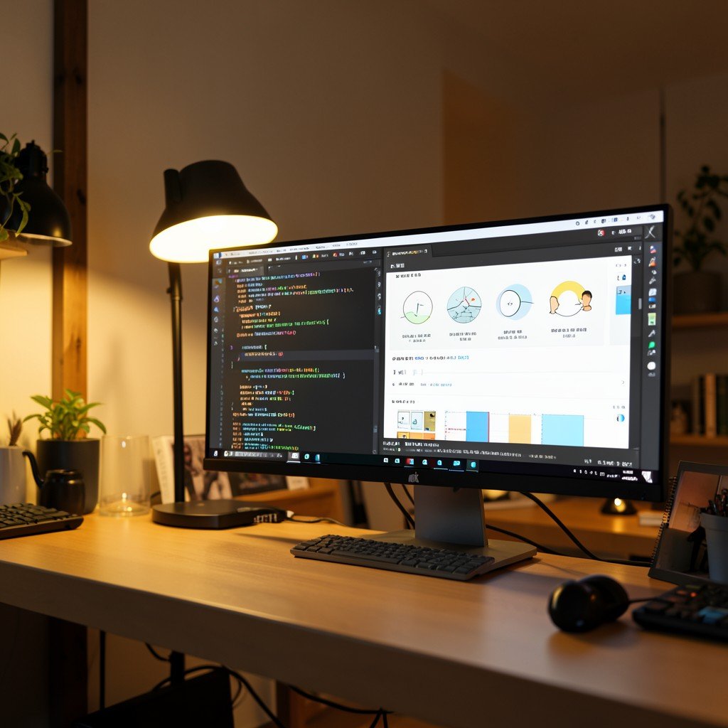 A modern workspace with a large monitor displaying code editor and design mockups simultaneously, cozy developer studio with ambient lighting, no korean text, 1:1