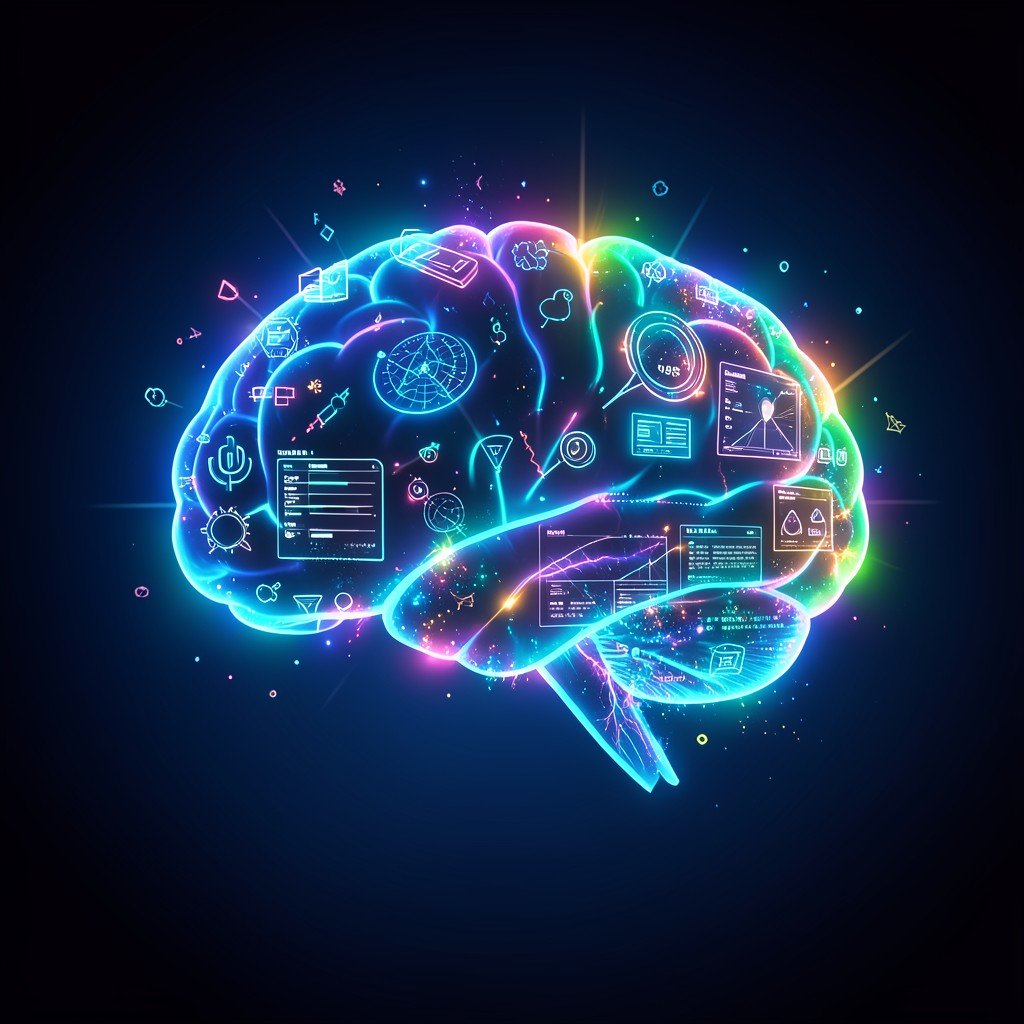 A conceptual digital artwork showing a glowing AI brain morphing into various realistic UI design elements, dark blue gradient background with bright neon accents, no korean text, 16:9
