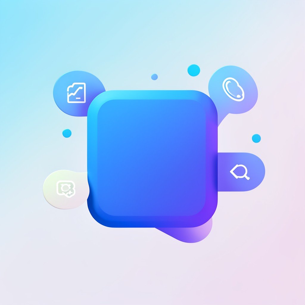 Abstract representation of a digital AI chatbot interface with rounded shapes and floating icons on a soft gradient background, high contrast, clean modern layout, no visible text, aspect ratio 4:3