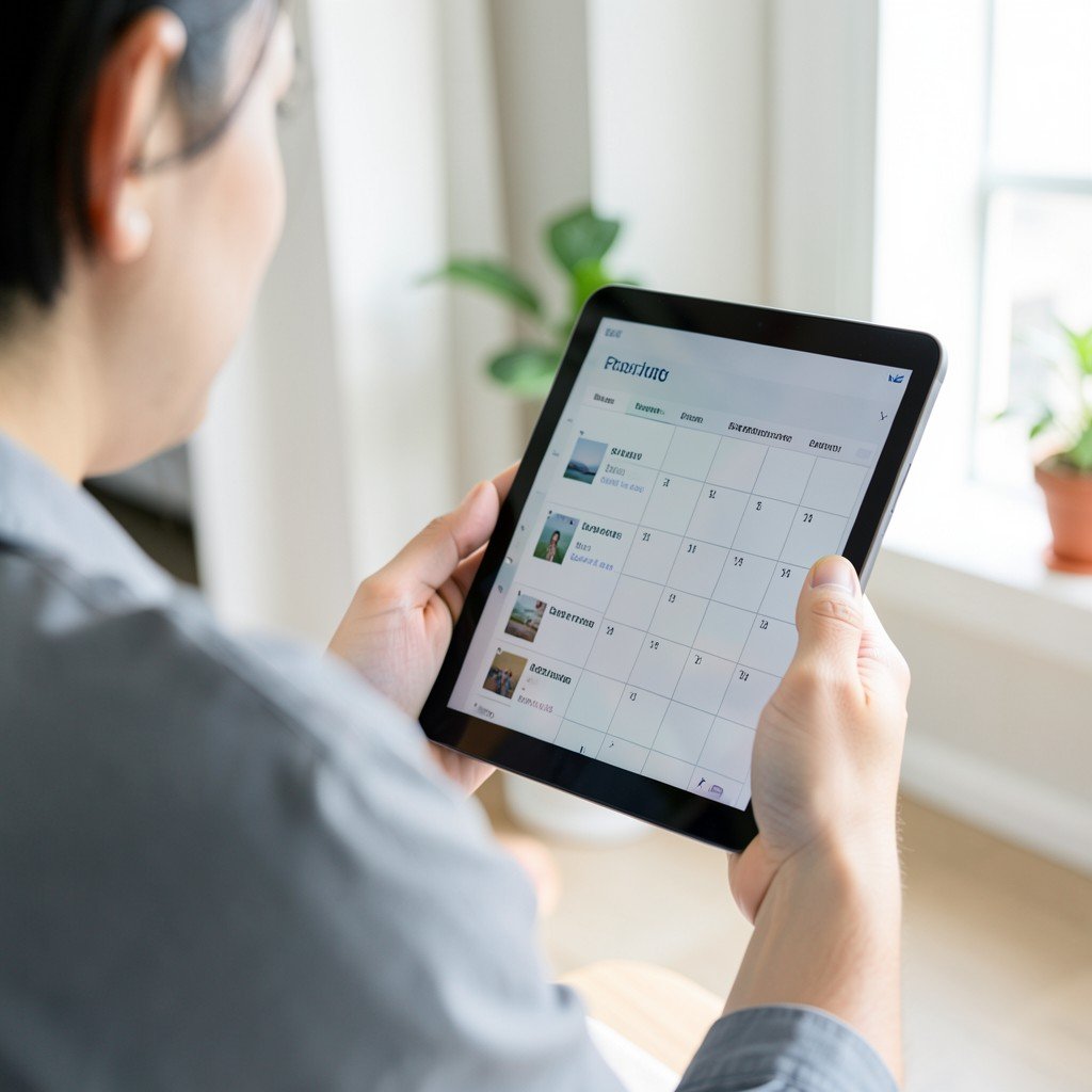 A person holding a tablet device checking a calendar schedule for a booking, modern indoor setting, bright balanced lighting, lifestyle photography, no visible text, aspect ratio 1:1