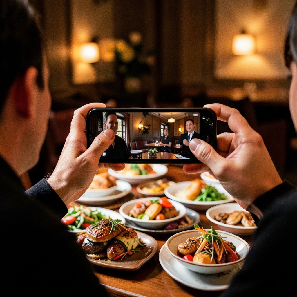 Close up of a person taking a photo of a dining table with various appetizing dishes, warm restaurant lighting, artistic rendering, no visible text, aspect ratio 4:3