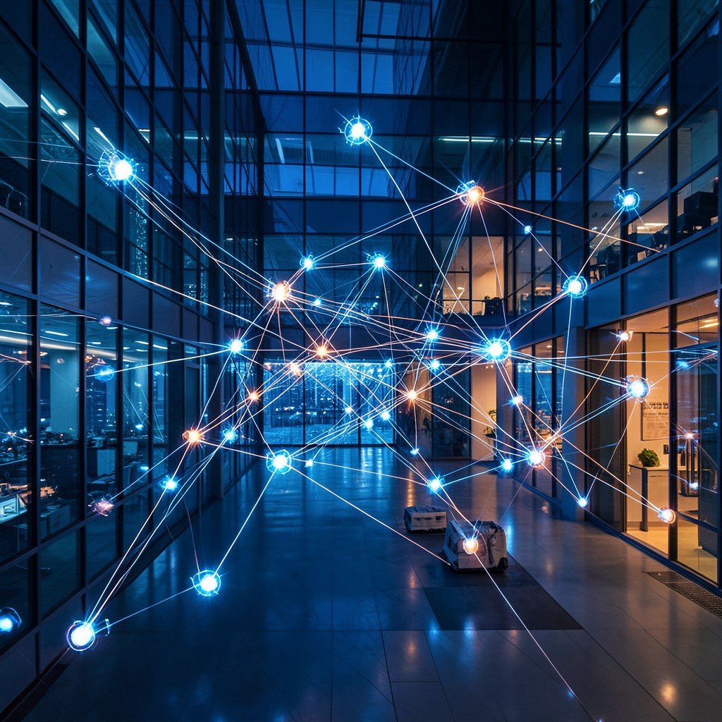 Abstract glowing network nodes connecting different departments in a large corporate building, blue and orange tones, high tech atmosphere, no text, aspect ratio 1:1