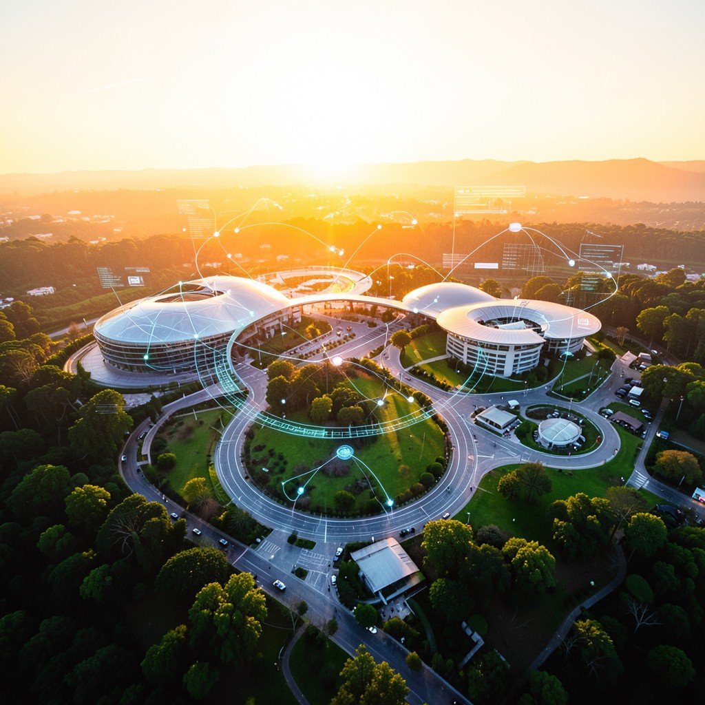 Apple Park aerial view at sunrise with subtle futuristic digital overlays showing global connectivity, warm bright lighting, no text, aspect ratio 4:3