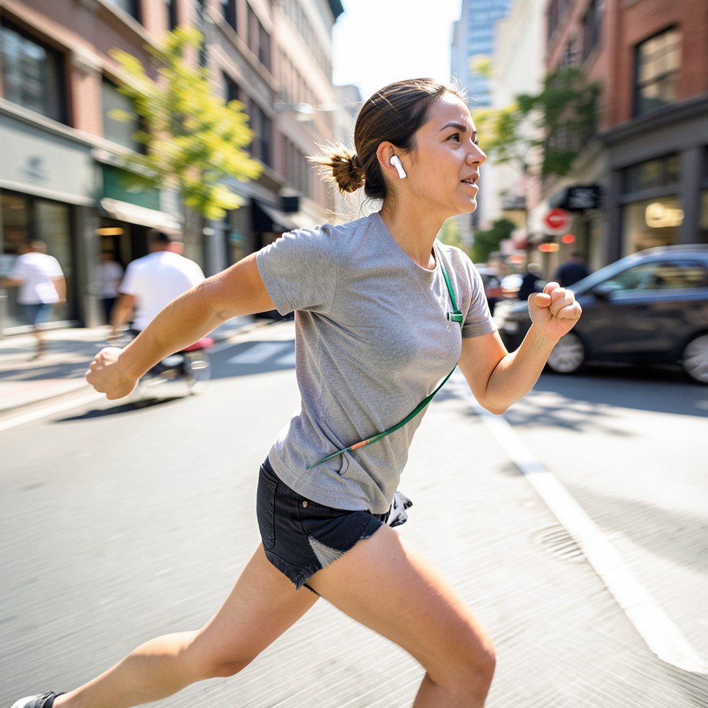 A person running on a city street wearing wireless earbuds, sunny morning, dynamic motion blur background, lifestyle photography, no visible text, 1:1