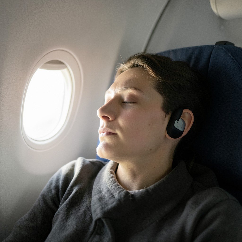 A passenger wearing noise cancelling earbuds on an airplane, resting peacefully, soft natural lighting from the window, lifestyle photography, no visible text, 4:3