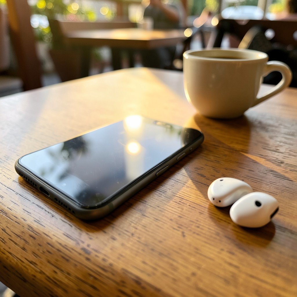 A smartphone next to wireless earbuds on a cafe table, coffee cup in the background, warm afternoon lighting, lifestyle photography, no visible text, 1:1