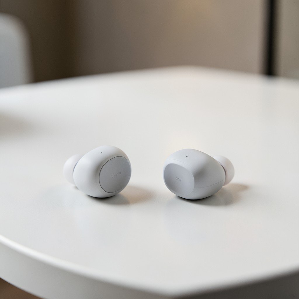Two different modern wireless earbuds placed neatly on a clean stylish table, soft ambient lighting, product photography, no visible text, 4:3