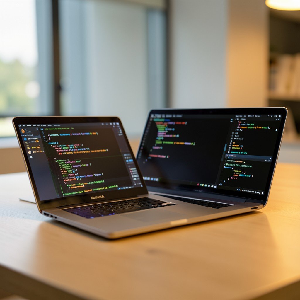 Professional working environment with laptops showing abstract coding interfaces, clean modern desk setup, warm lighting, no text, 1:1 aspect ratio