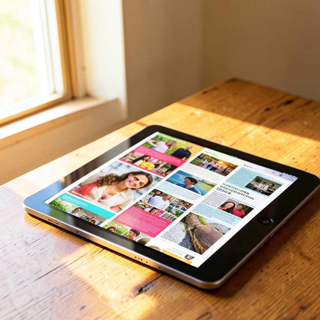 A digital tablet displaying a colorful magazine layout on a wooden desk near a window, cozy bright natural lighting, no text, 1:1 aspect ratio