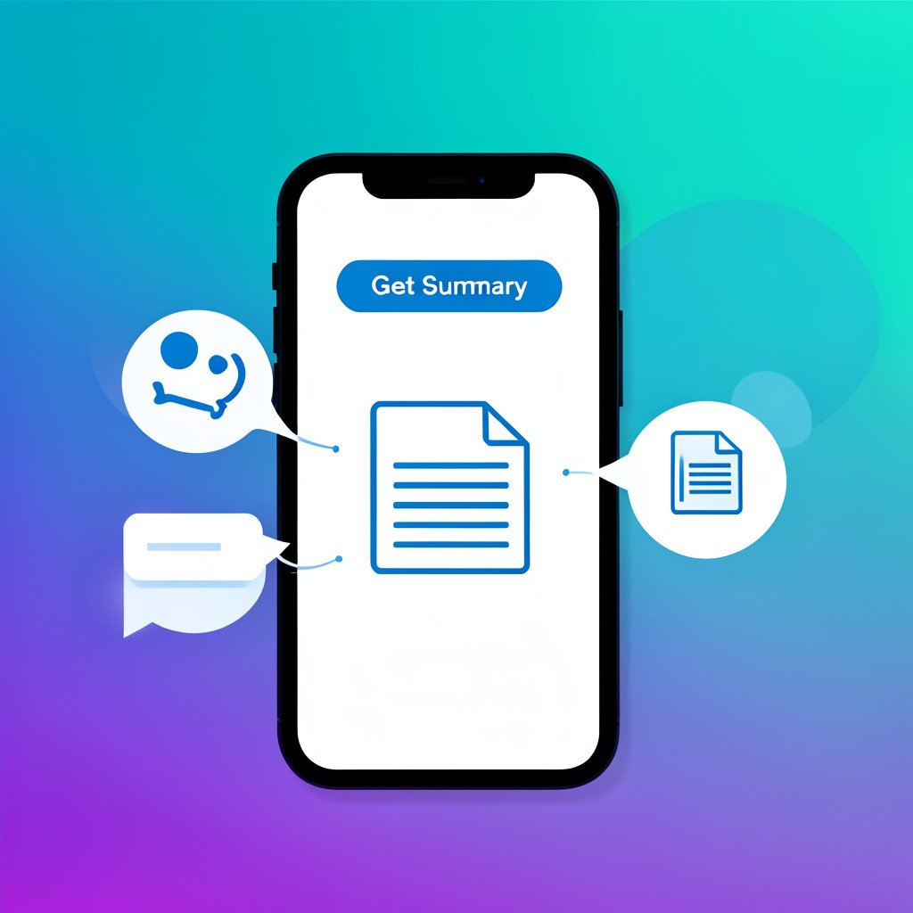 A clean modern infographic style image showing a smartphone screen with a single Get Summary button at the top, surrounded by floating chat bubbles condensing into one clear document icon, no text, high contrast, gradient background, aspect ratio 4:3
