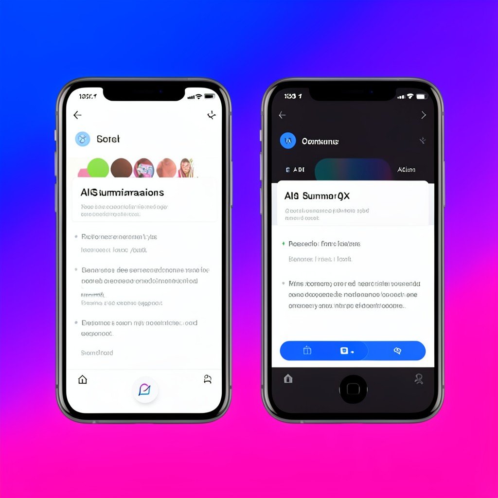 Two smartphones one iOS and one Android floating side by side showing identical AI summarization interface concept, clean informational layout, no text, high contrast colored background, aspect ratio 1:1