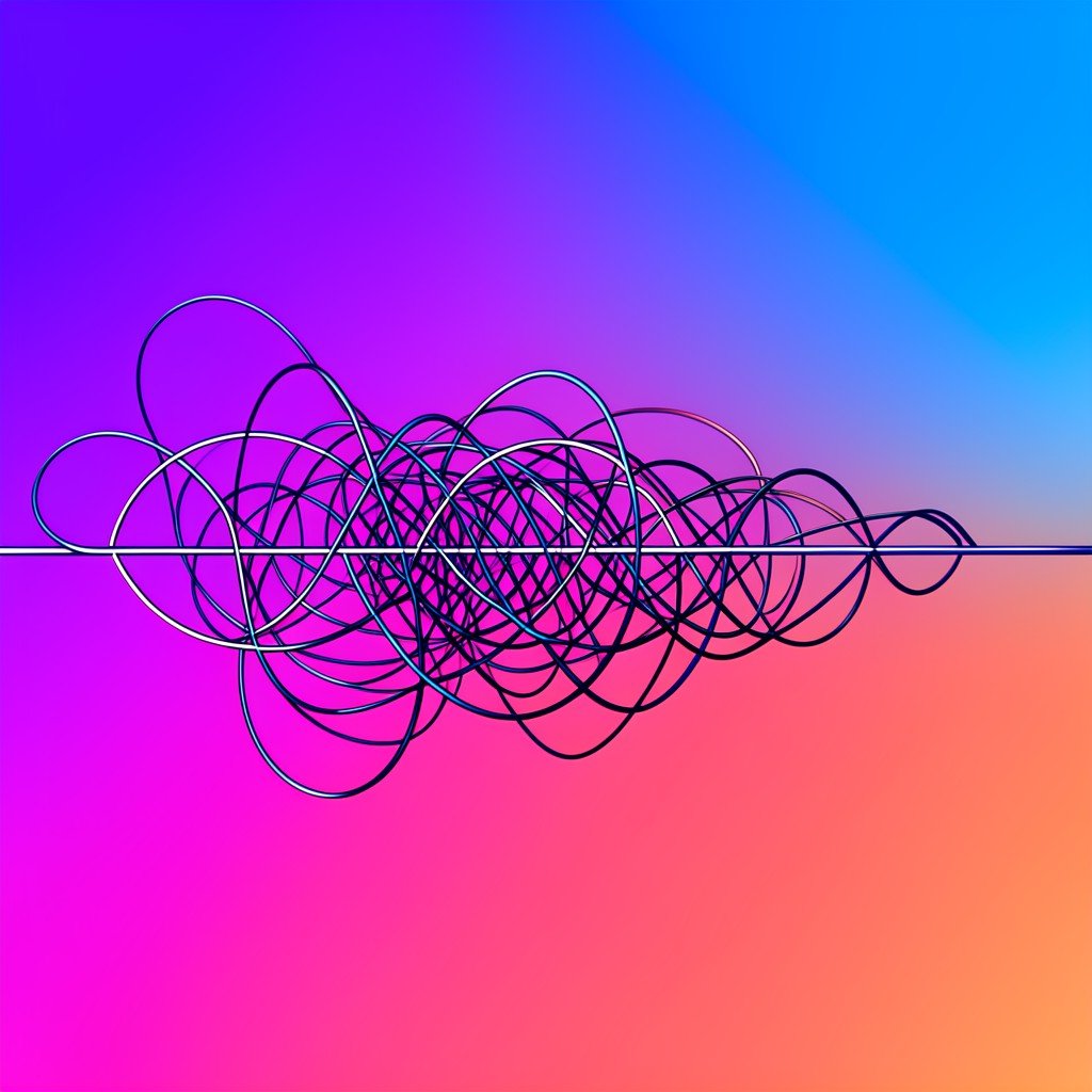 A conceptual illustration of messy tangled lines transforming into a single clear straight line, modern flat design, vibrant gradient background, no text, clean and high contrast, aspect ratio 4:3