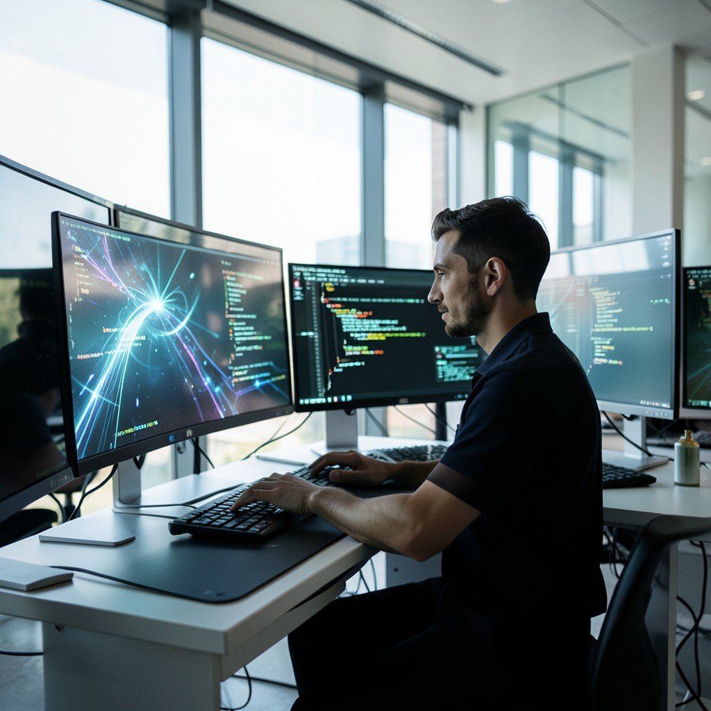 A software engineer working in a modern futuristic office with multiple monitors showing abstract glowing code elements, natural lighting, focused atmosphere, lifestyle photography, no text, 1:1 aspect ratio