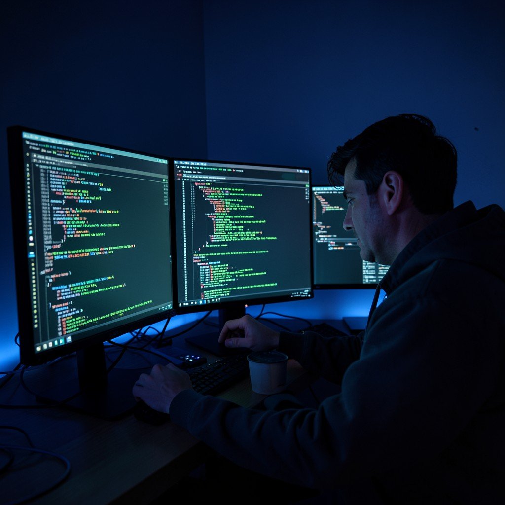 IT technician analyzing complex code on multiple monitors in a dark room with blue ambient light, NO KOREAN Text, 1:1