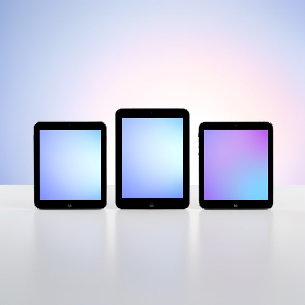 Three different tablets of varying sizes aligned neatly on a minimalist desk with a soft gradient background highlighting their displays NO KOREAN Text aspect ratio 1:1
