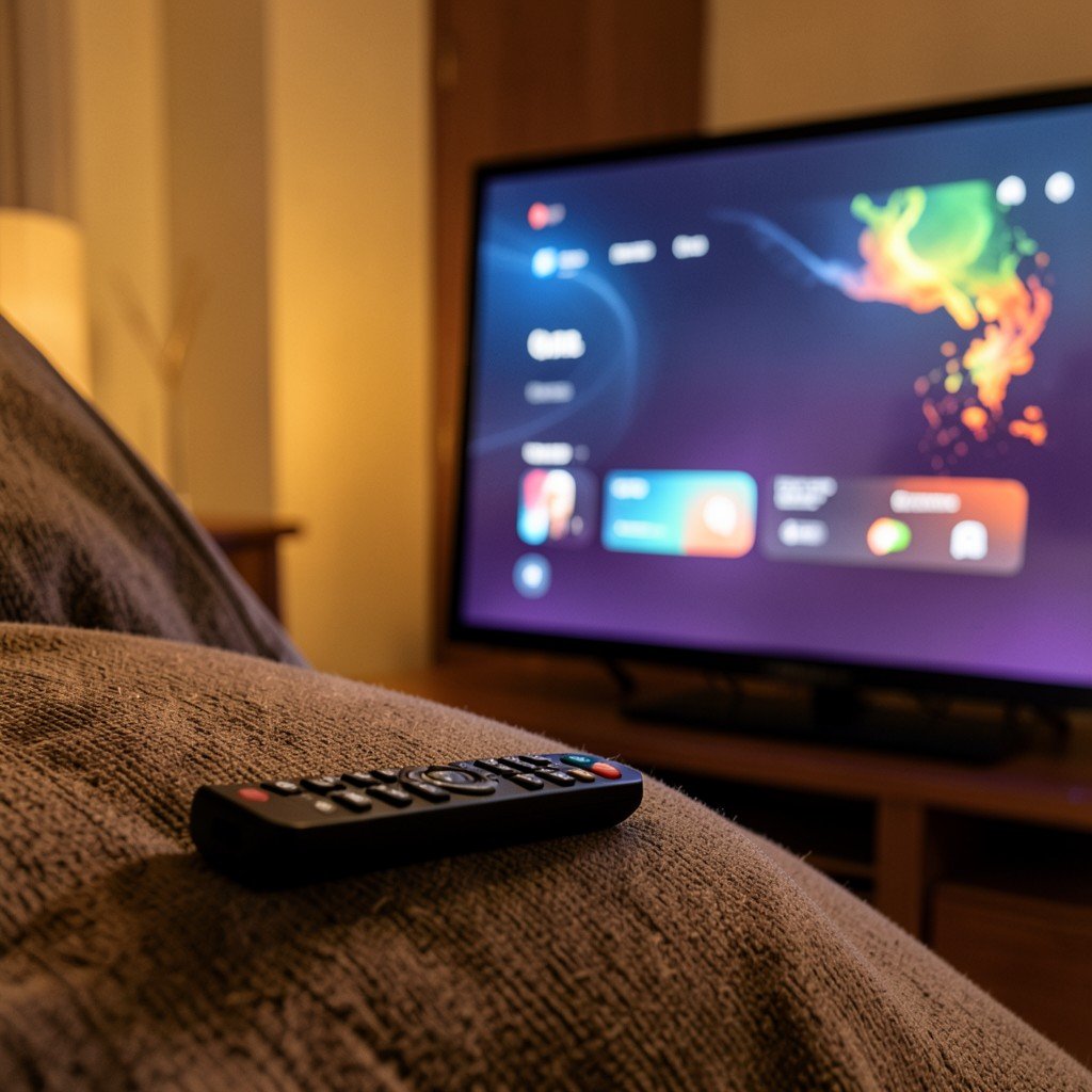 A smart TV remote control resting on a couch cushion next to a streaming interface on a screen in the background, cozy warm lighting, lifestyle photography, no text, aspect ratio 1:1