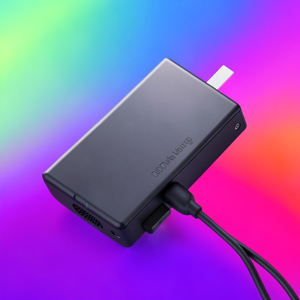 A sleek 10000mAh MagSafe battery pack with a built-in USB-C cable tucked into the side, modern industrial tech style, colorful gradient background, no text, aspect ratio 1:1