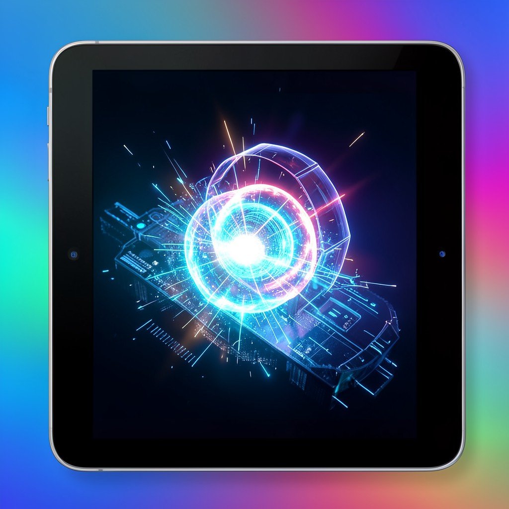 A glowing 3D digital spatial rendering emerging from a flat 2D photograph on a tablet screen, futuristic technology, colorful gradient background, no text, 4:3