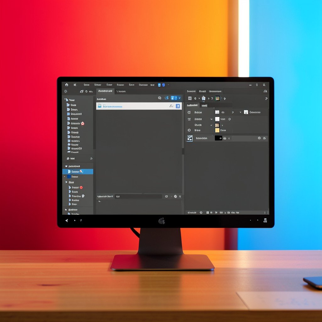 A graphic design software interface on a monitor, modern studio desk, vibrant colored background, warm lighting, no text, 4:3