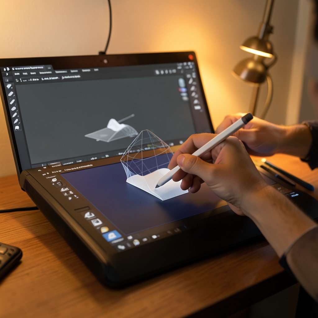 Hands using a stylus on a graphics tablet rotating a 3D object on a monitor with Photoshop UI warm studio lighting professional creative workspace 4:3