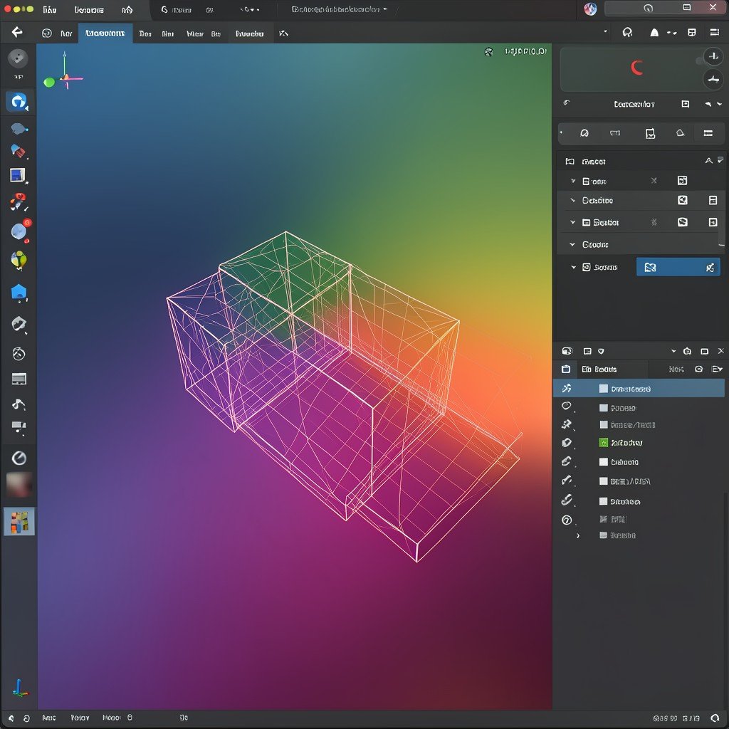 A 3D modeling software interface with a wireframe object, modern workspace, colored gradient background, professional lighting, no text, 4:3