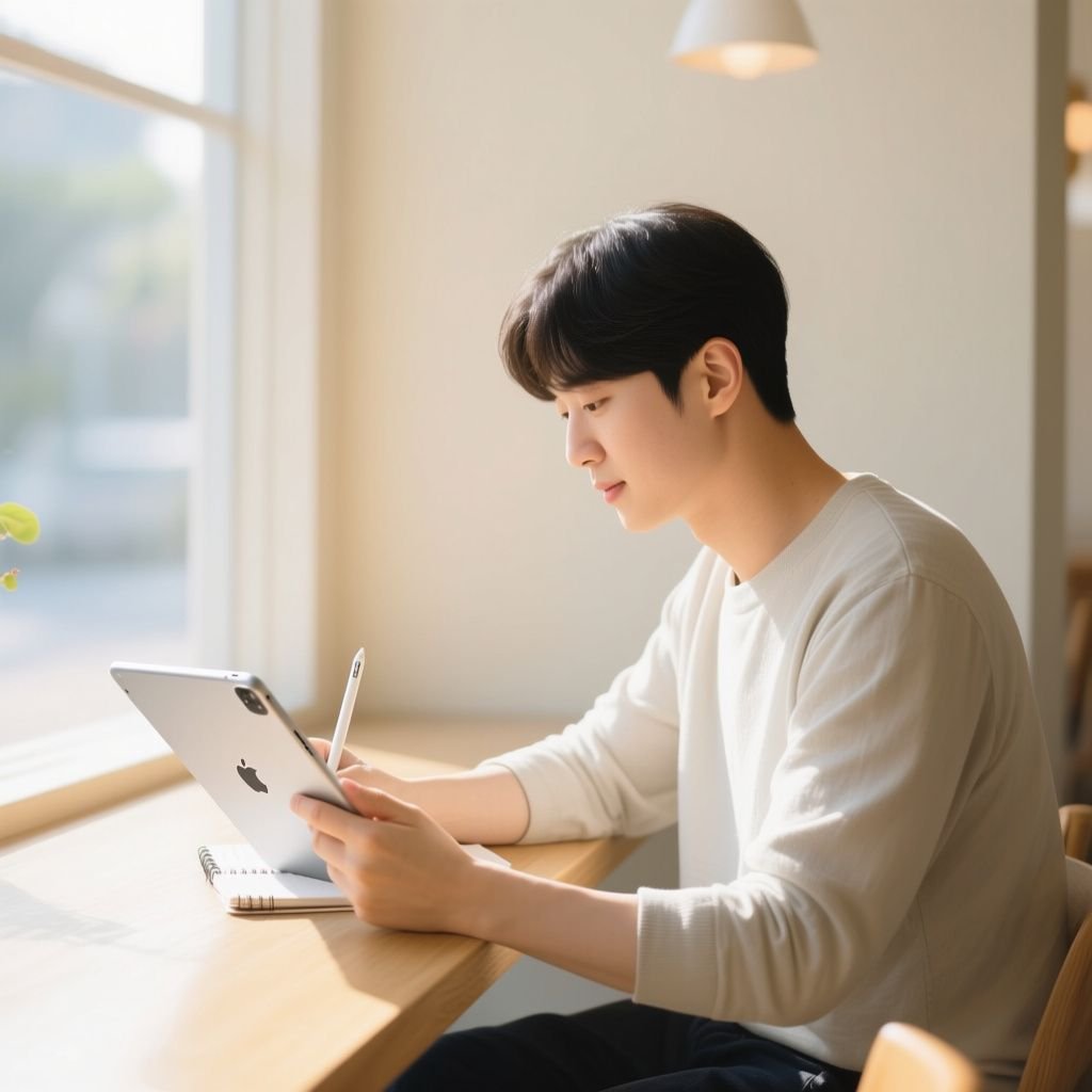 태블릿으로 작업하는 남성