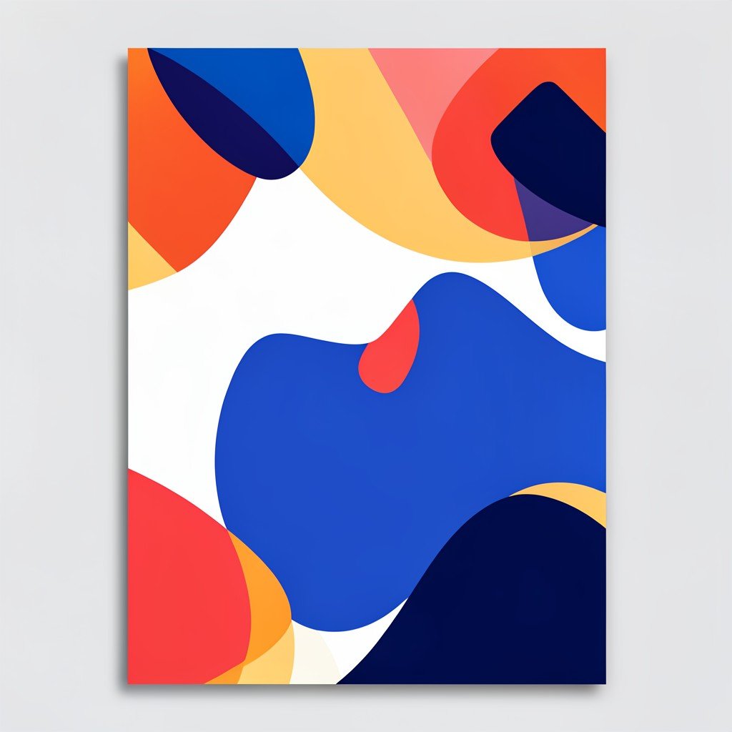 A conceptual poster design mockup with abstract shapes and crisp graphic layout, modern aesthetic, no text, 4:3