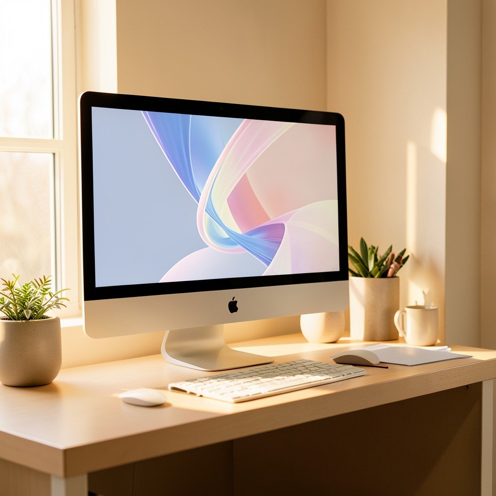 A clean organized designer desk with a computer screen showing abstract graphics, warm natural lighting, lifestyle photography, no text, 1:1