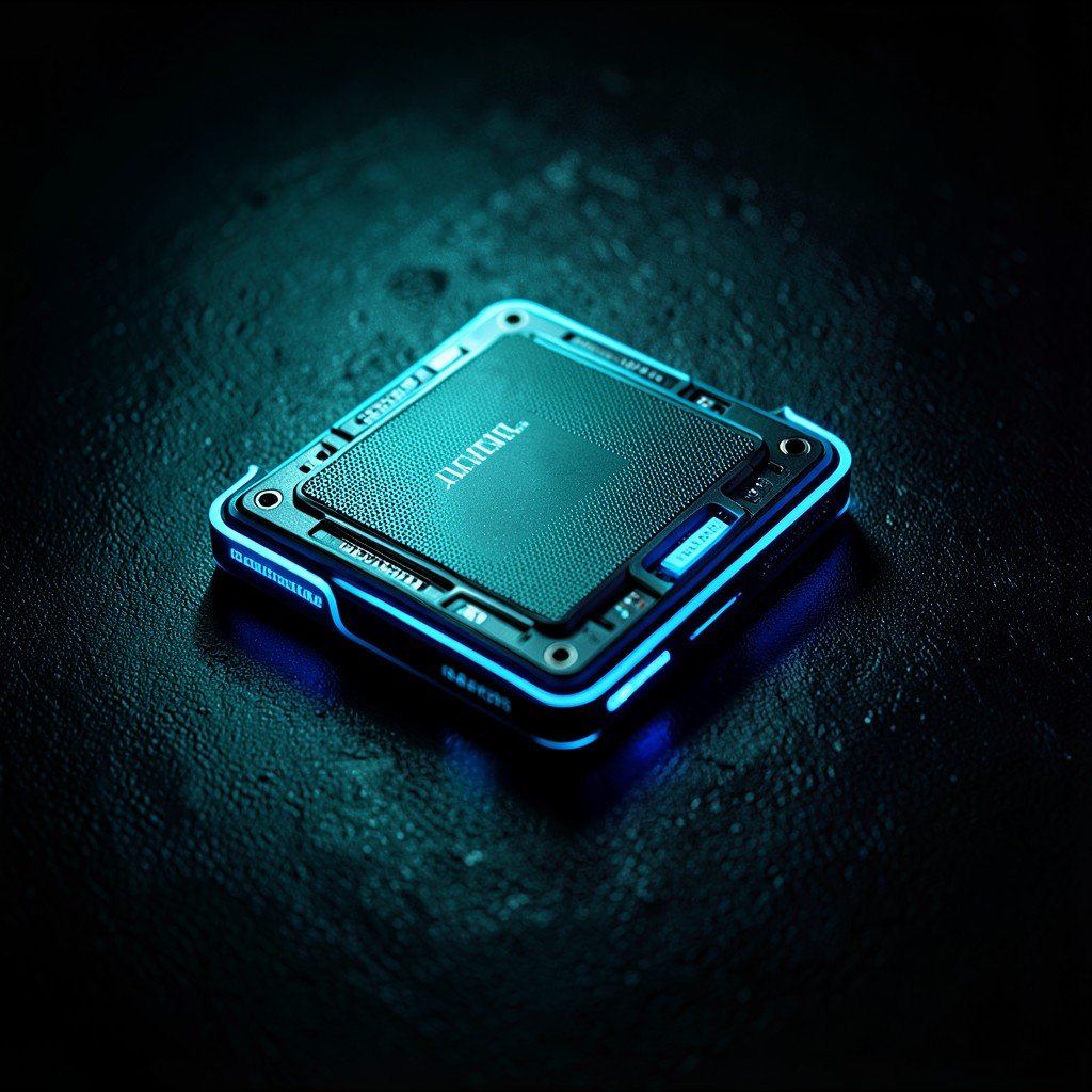 A conceptual image of a futuristic AI hardware device on a dark textured surface with glowing neon blue accents. High contrast, cinematic lighting. No text. 1:1