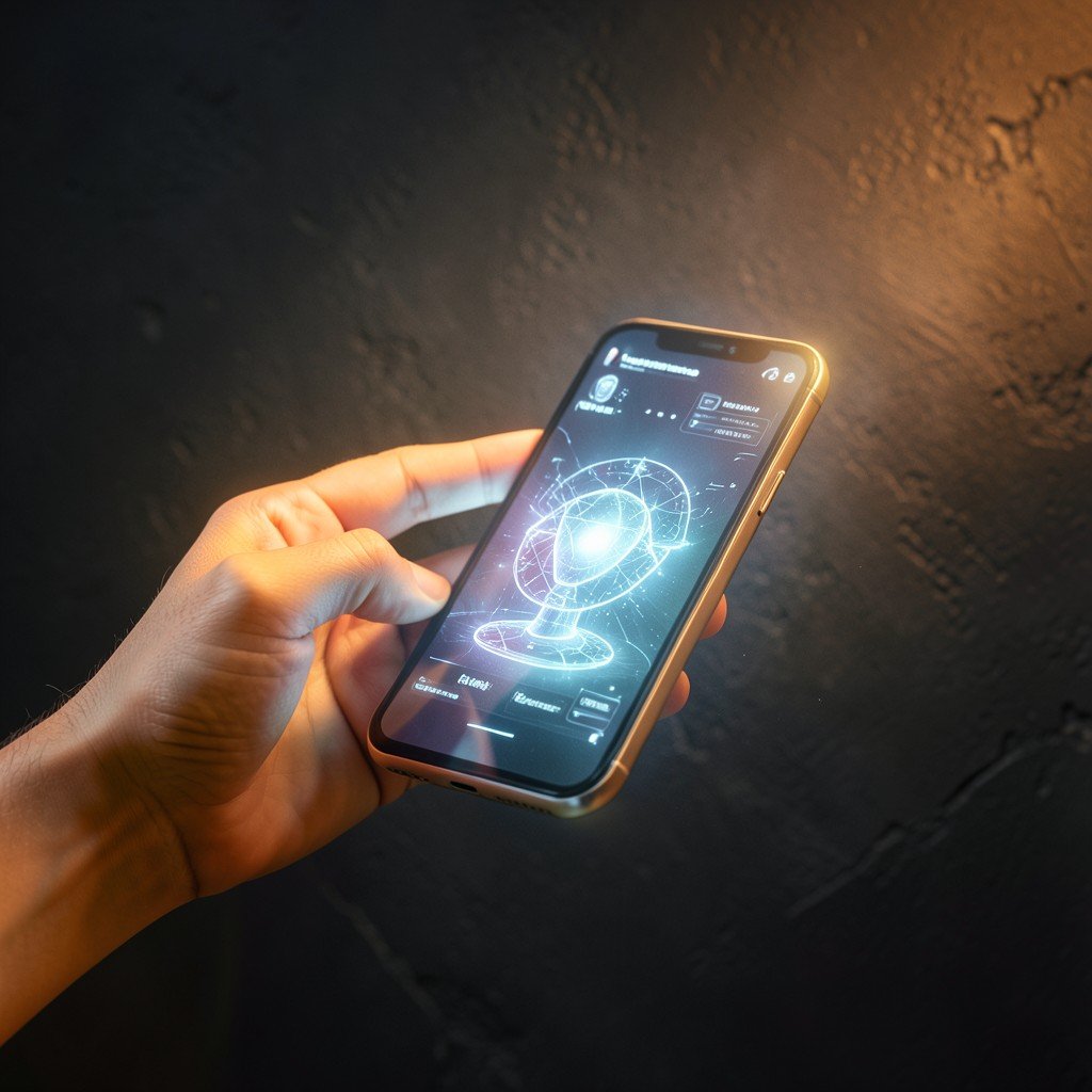 Person interacting with a smartphone floating in mid air, holographic AI assistant interface emitting soft glow, modern lifestyle photography, warm lighting, textured dark background, no visible text, aspect ratio 1:1