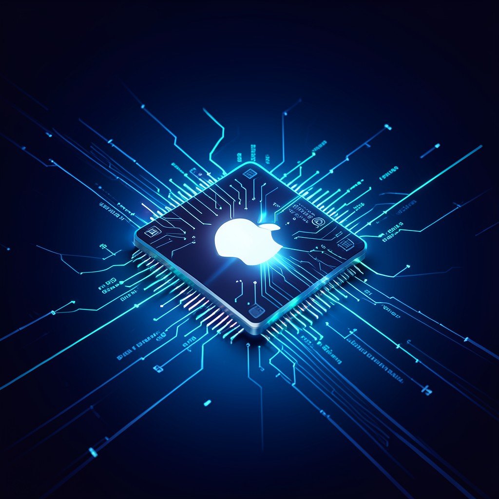 A sleek modern Apple Silicon chip processing glowing artificial intelligence data streams, high tech ambiance, dark blue gradient background, no text, 4:3