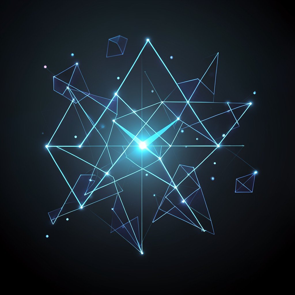 Abstract representation of software engineering and AI, glowing geometric shapes, modern dark gradient background, professional lighting, no text, 4:3