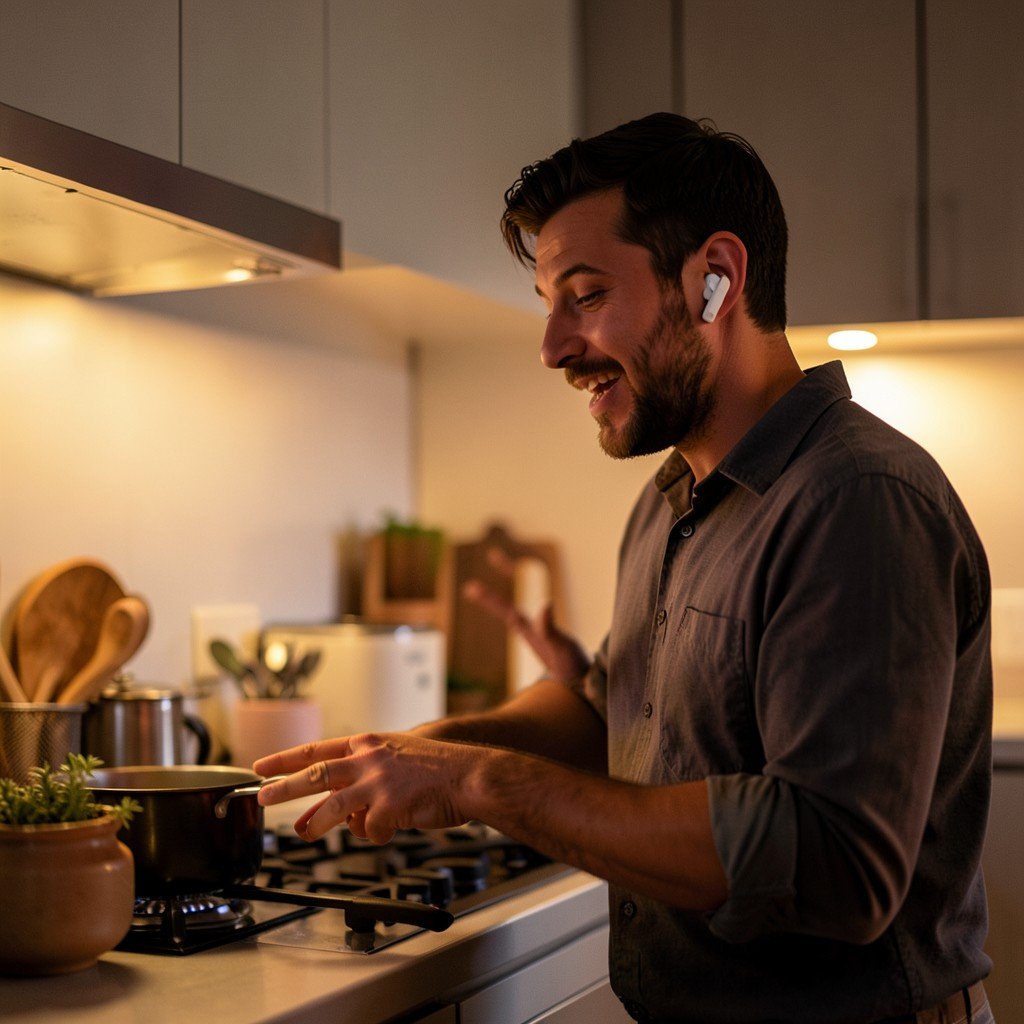 Cozy indoor scene of a person cooking in a modern kitchen wearing wireless earbuds, speaking naturally, warm evening lighting, soft gradient tones, lifestyle photography, no text, 4:3