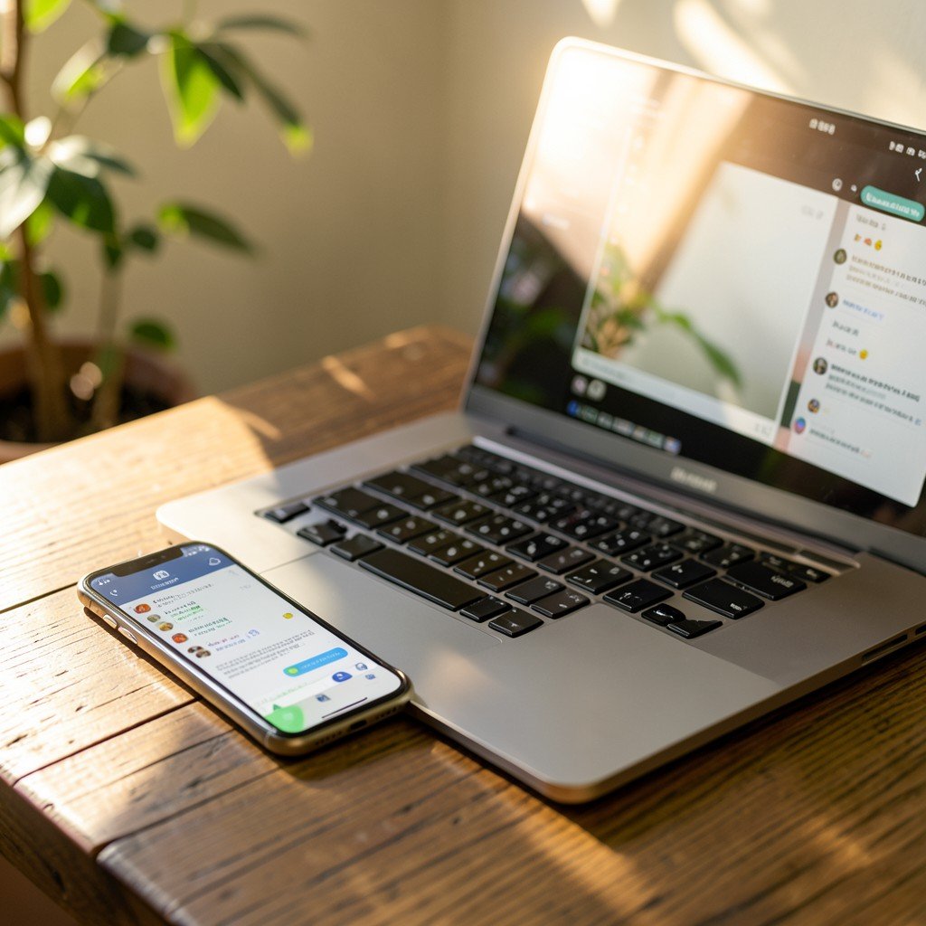 A sleek smartphone and laptop on a wooden desk showing messaging app interface, warm sunlight, natural setting, lifestyle photography, aspect ratio 1:1