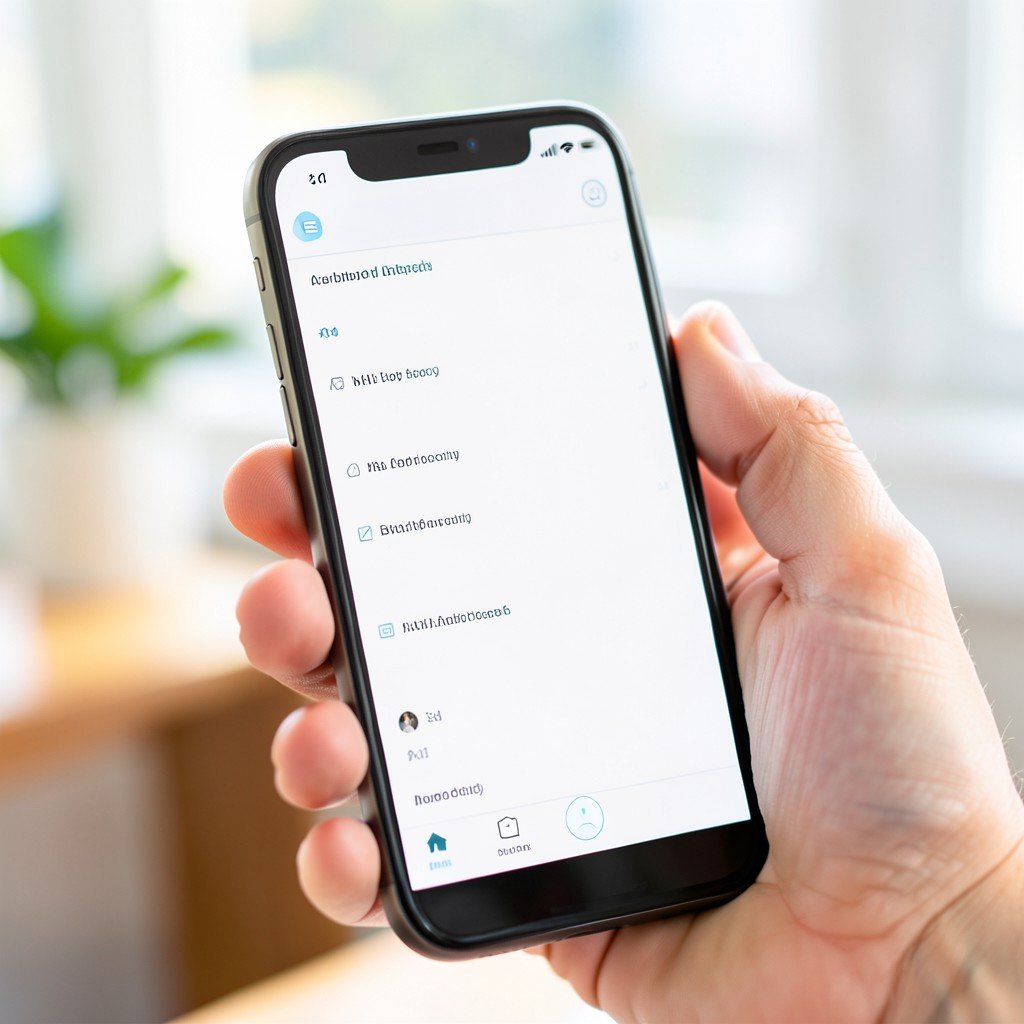 Close up of a hand holding a modern smartphone displaying a clean chat interface, bright natural lighting, lifestyle photography, blurred background, no text on screen, 4:3 aspect ratio