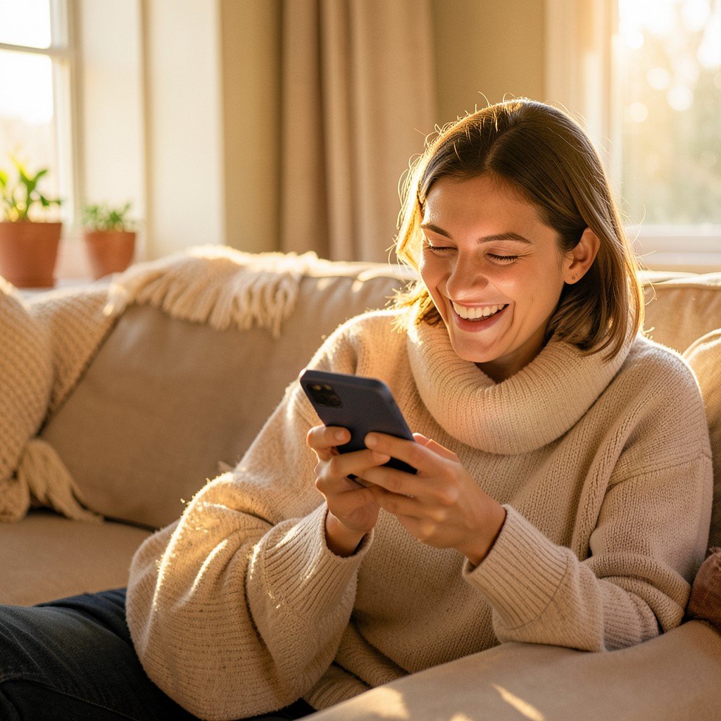 A person smiling and talking to a smartphone in a cozy living room, warm afternoon lighting, lifestyle photography, natural setting, no text, 4:3 aspect ratio