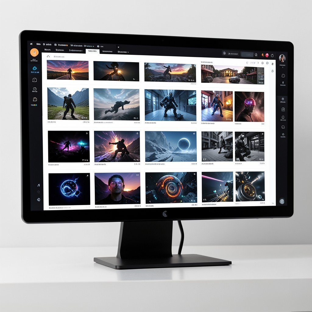 A digital workspace displaying multiple AI generated images in a grid format on a monitor, modern clean setup, informational style, no text, 4:3