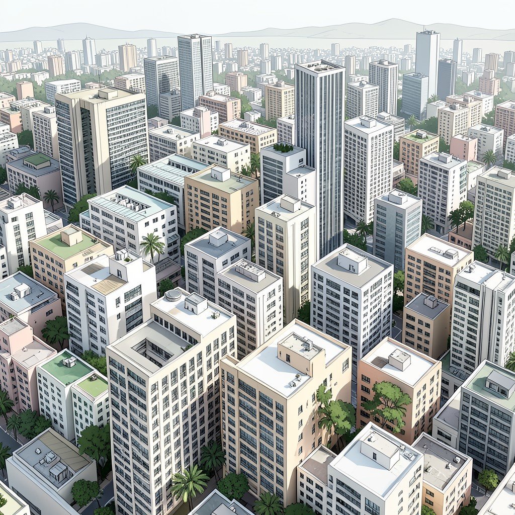 A highly detailed digital illustration of a complex city scene with accurate perspective and clean architecture, artistic rendering, no text, 1:1