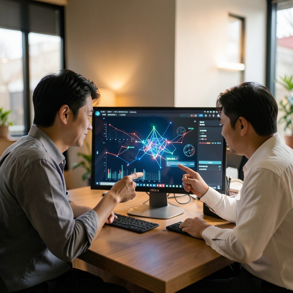 Two Korean professionals collaborating at a modern office desk looking at a computer screen, pointing at abstract data UI, warm lighting, lifestyle photography, aspect ratio 1:1
