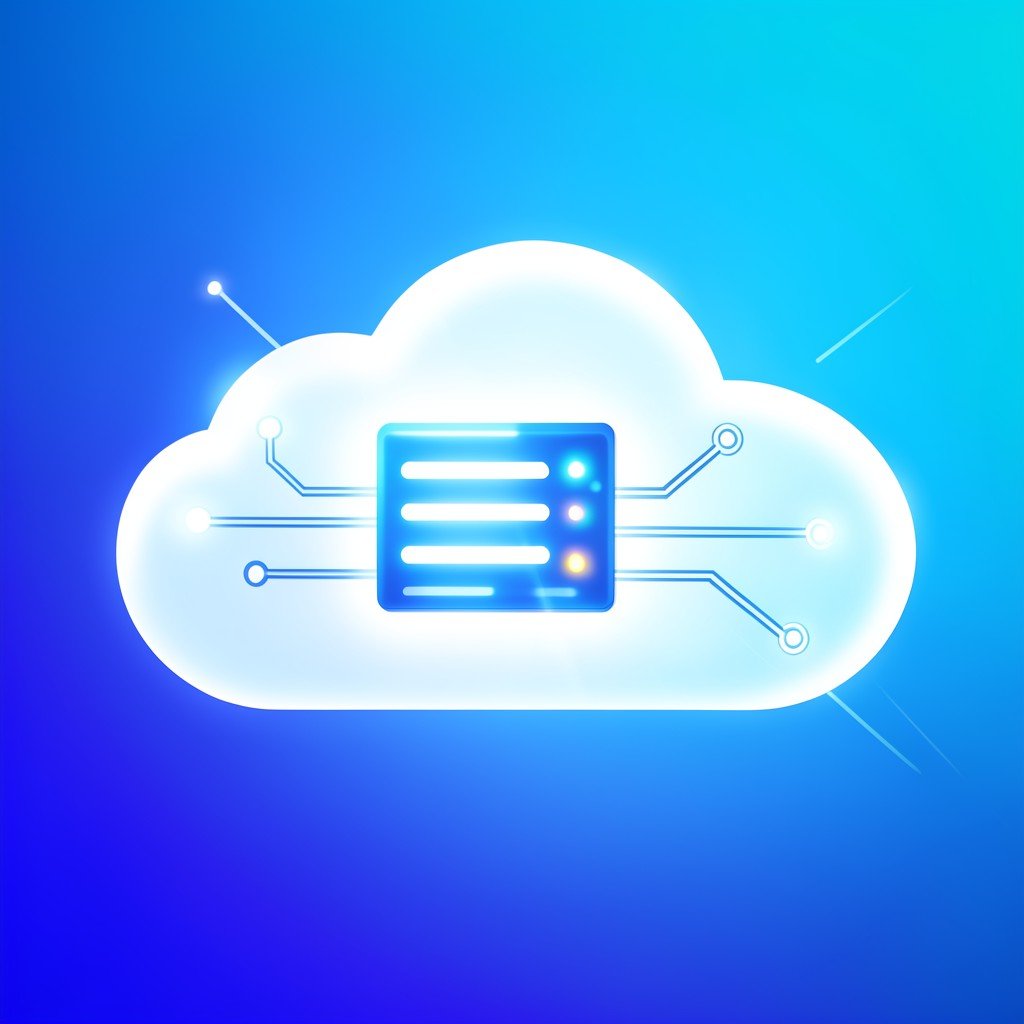 Abstract cloud computing concept with a glowing server icon and connection lines, modern gradient background, bright balanced lighting, high contrast, aspect ratio 1:1