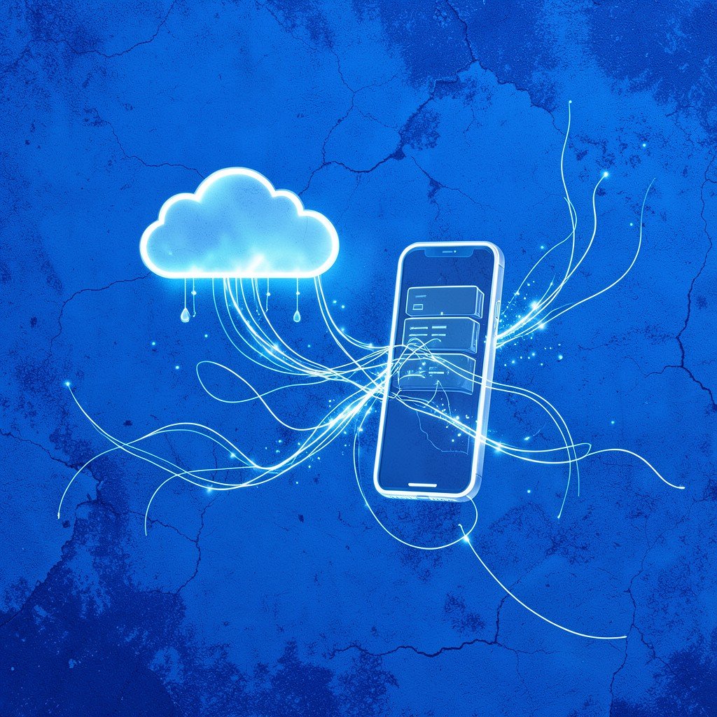 Abstract illustration of cloud servers and smartphone connected with glowing data streams on a textured blue background no text 4:3