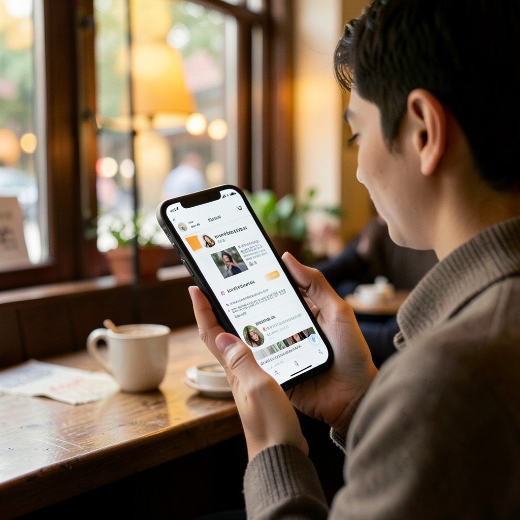 A person holding a smartphone in a cozy cafe reading news comfortably warm lighting natural setting no text 1:1